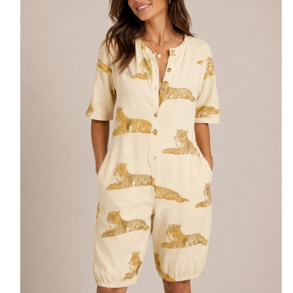 Kate Quinn Organic Cotton Tiger Print Long Sleeve Romper Yellow Size 18-24M